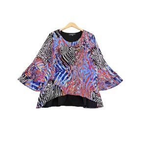 Calessa‎ Tunic 1X Blouse Art to Wear Bohemian Gauzy Layered Lined Multiprint